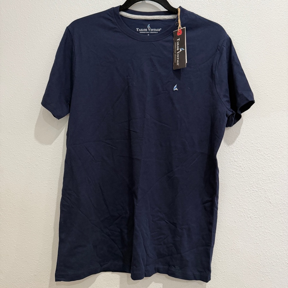 NEW Tailor Vintage Mens Navy Blue Cotton Short Sleeve Crew Neck‎ Logo T-Shirt S